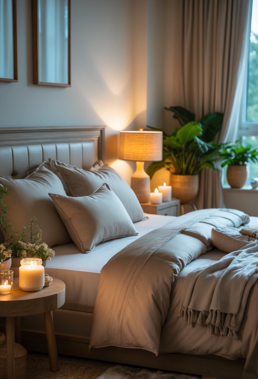 A cozy bedroom with a king-size bed, glowing scented candles on bedside tables, and an essential oil diffuser, creating a warm and relaxing atmosphere.