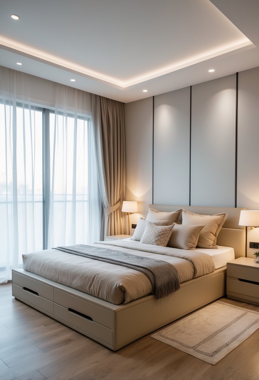 A bedroom with a low-profile bed frame that has storage drawers underneath, neatly made bed, nightstands with lamps, and natural light coming through a window.