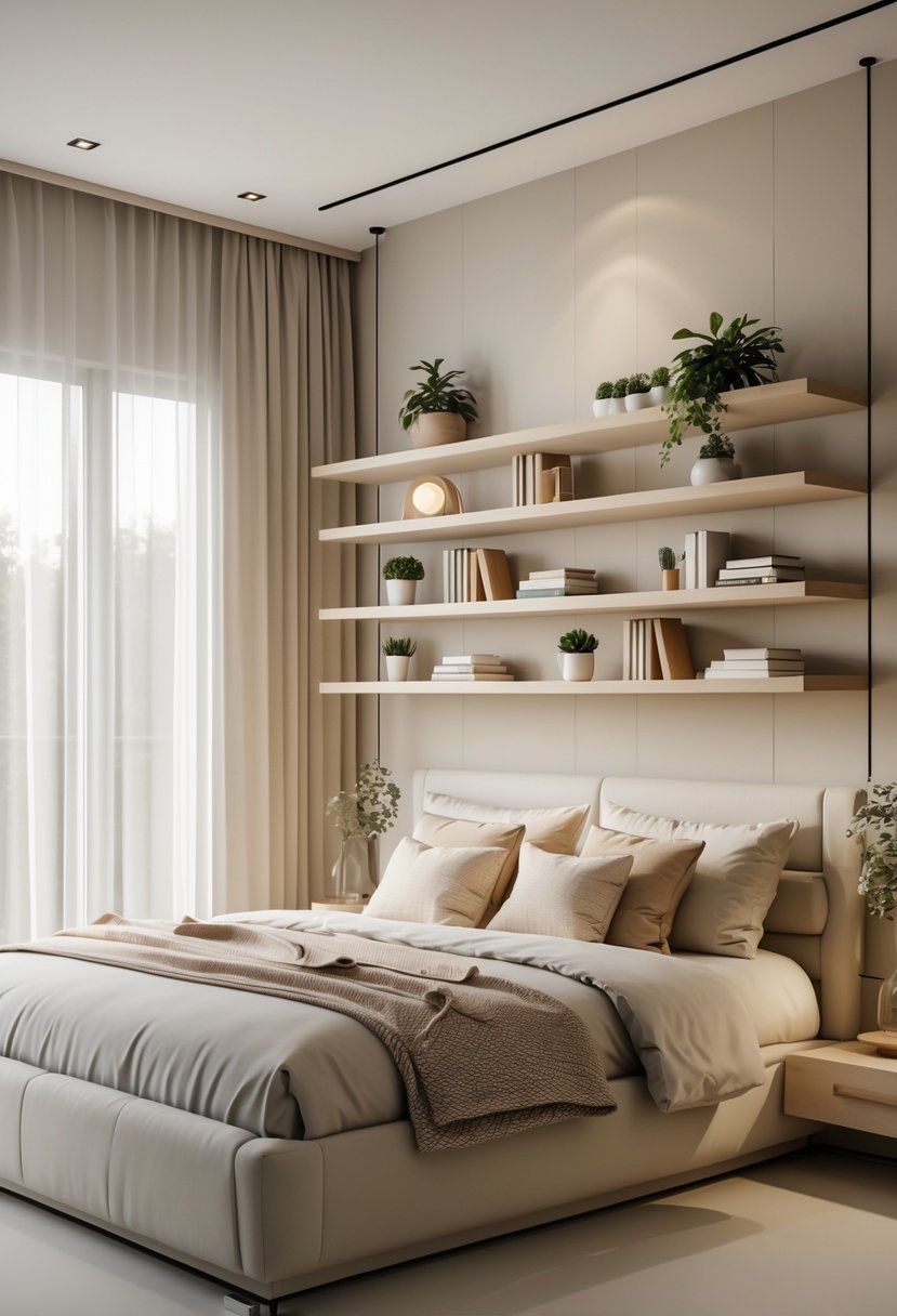 A bedroom with a large bed and floating shelves on the walls holding books and plants, with natural light coming through the window.