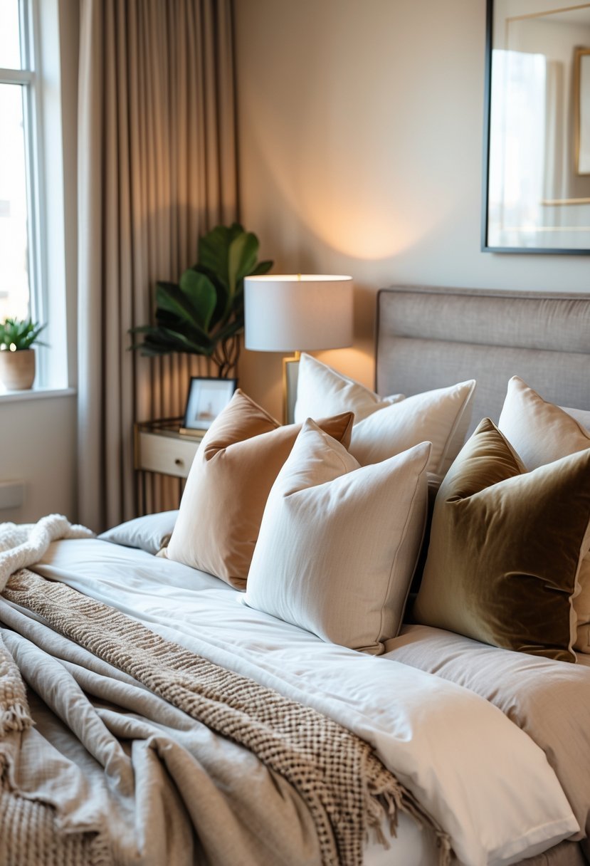 A bedroom with a neatly made bed featuring multiple coordinated throw pillows in varied fabrics and a warm, inviting atmosphere.