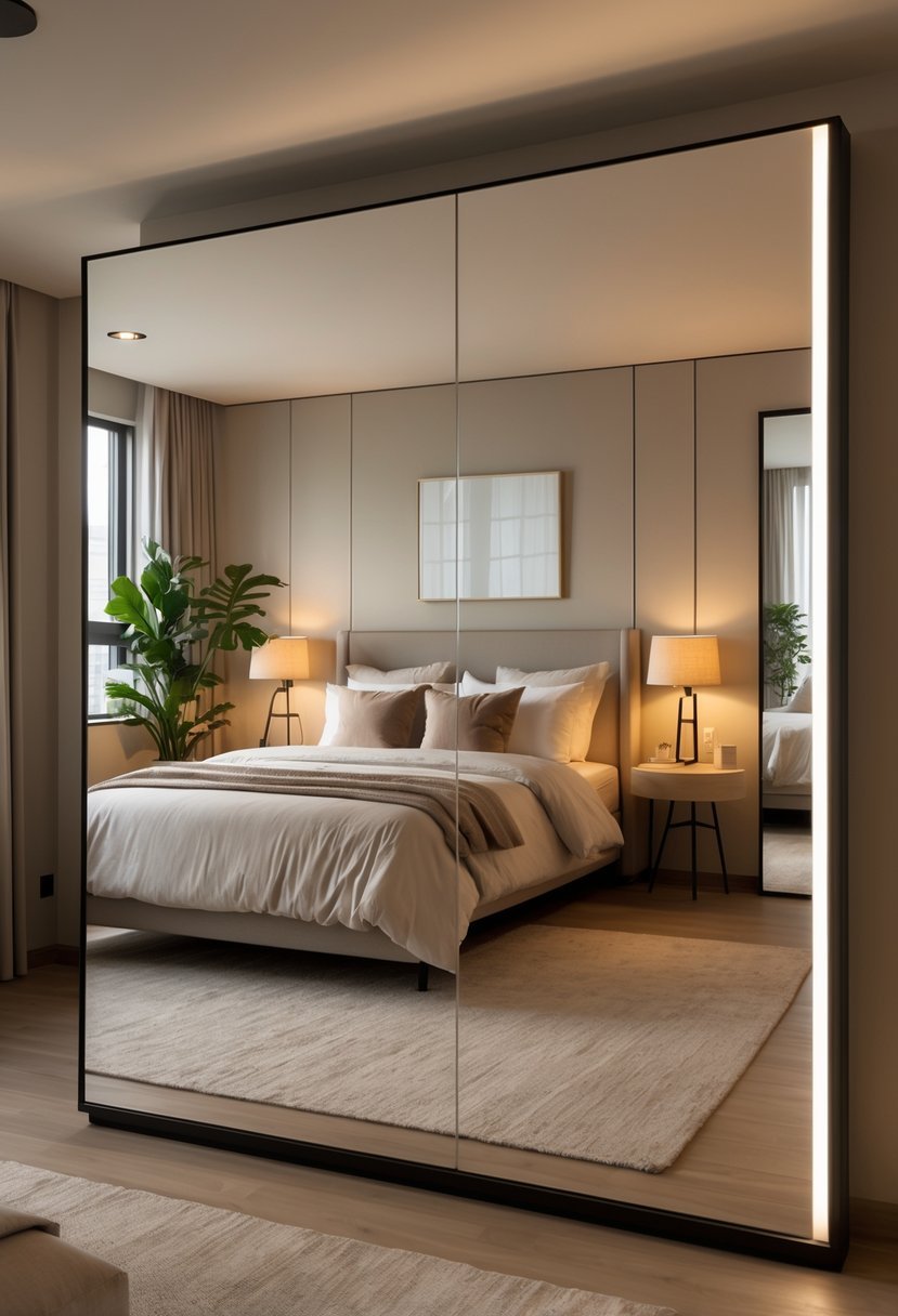A cozy bedroom for couples with a double bed and a full-length mirror on the wall reflecting the room.