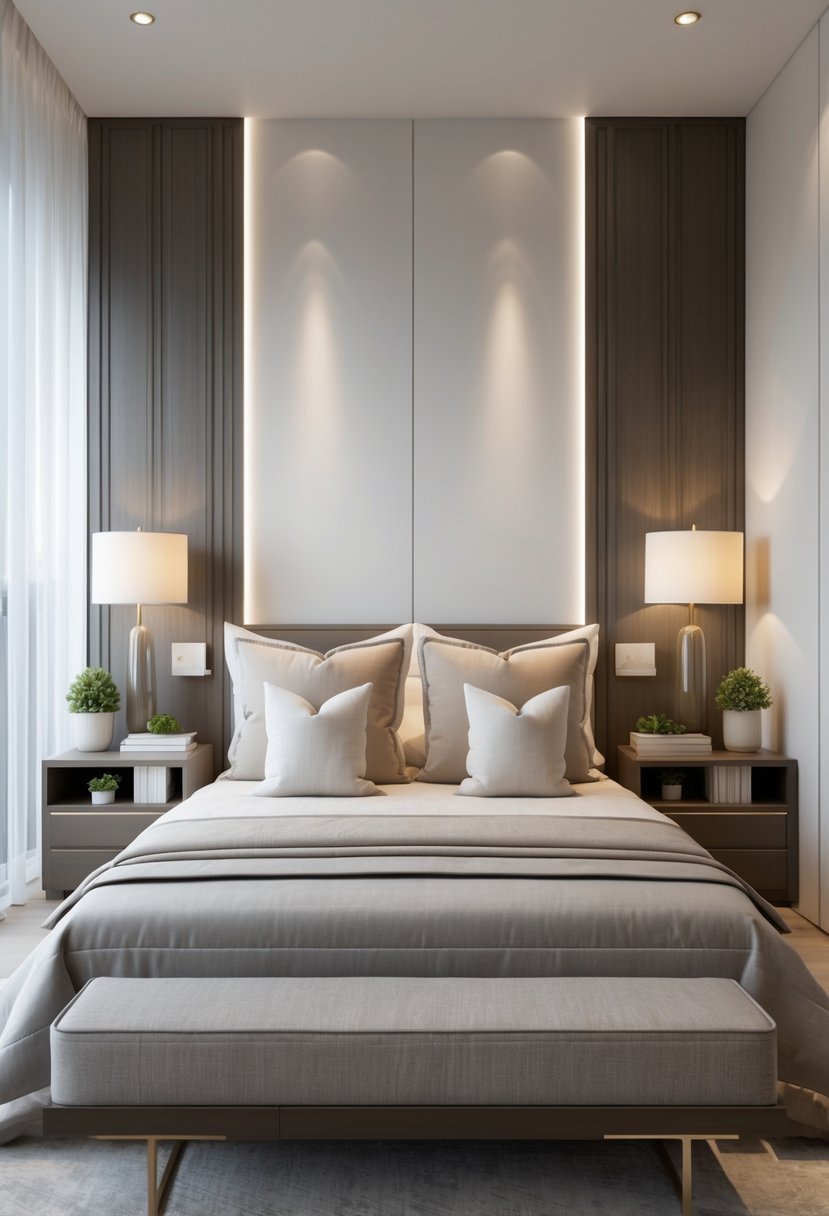 A bedroom with a large bed and two identical nightstands on each side, each decorated with matching lamps and plants.