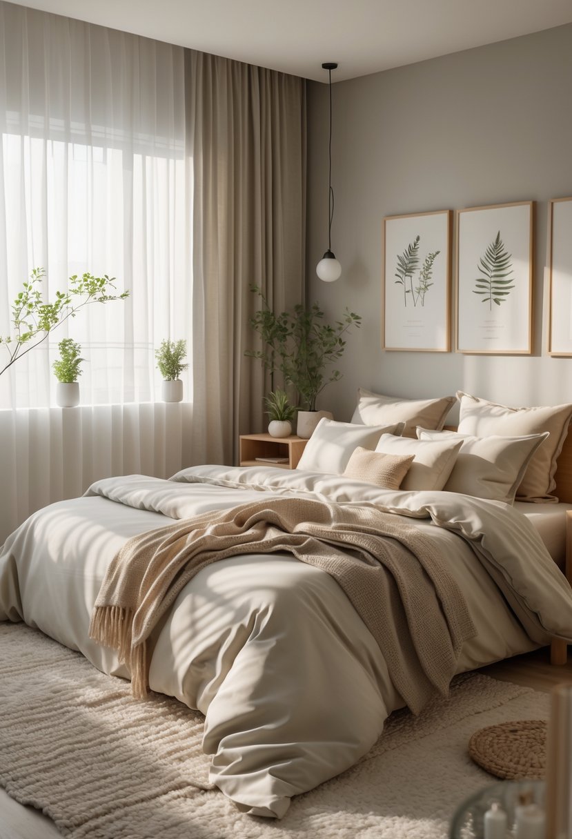 A cozy bedroom with a large bed, soft linens, plants, and natural light, with no electronic devices visible.