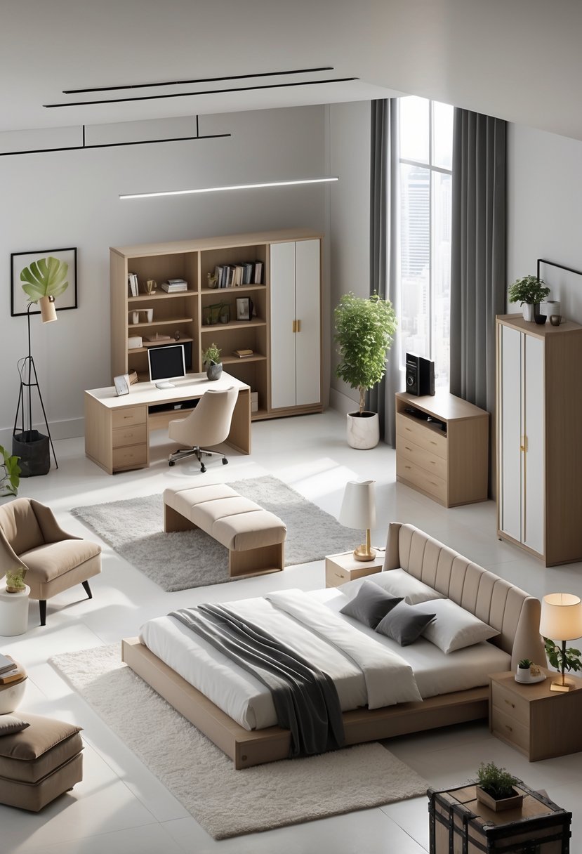 A bright bedroom with a bed, armchair, desk, bookshelf, dresser, and various furniture pieces arranged neatly.