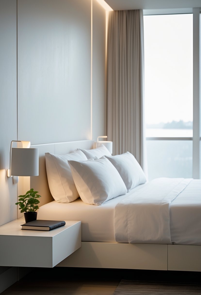 A bedroom with a bed and two wall-mounted floating nightstands with minimal decorations.