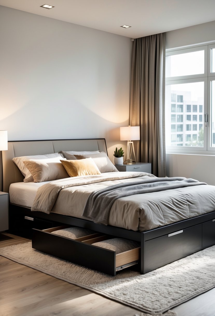 A bedroom with a platform bed that has storage drawers underneath, a bedside table with a lamp, and natural light coming through a window.