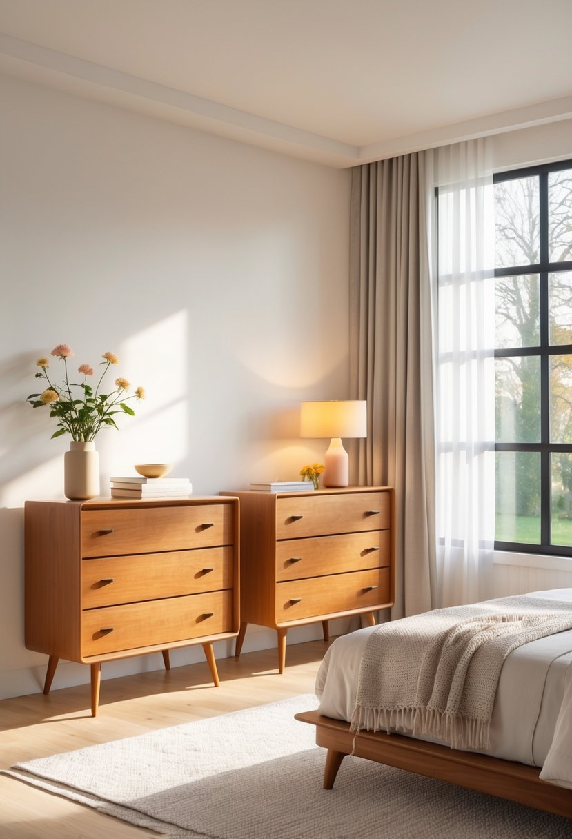 A bedroom with wooden dressers, a neatly made bed, and natural sunlight coming through large windows.