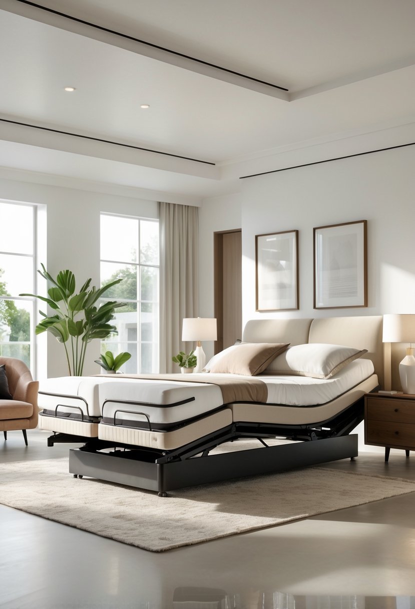 A modern bedroom with an adjustable bed frame partially elevated, surrounded by bedroom furniture and natural light.