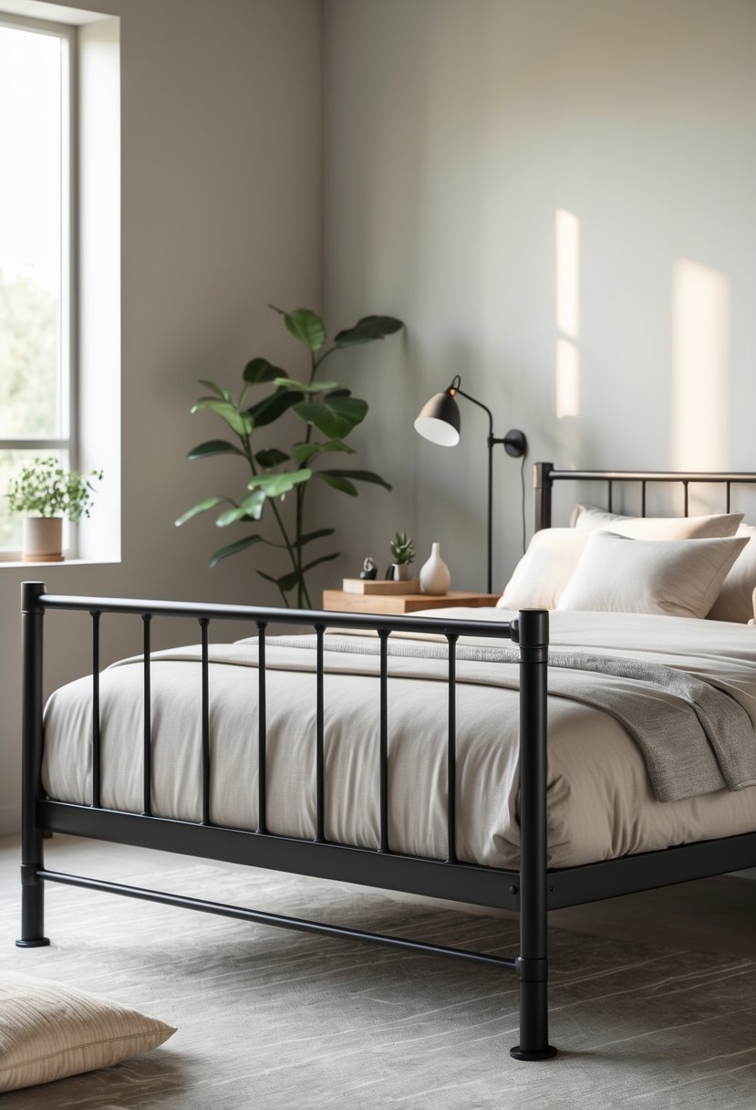 A bedroom with a black metal bed frame, neutral bedding, a wooden nightstand with a lamp, and a potted plant near a window.