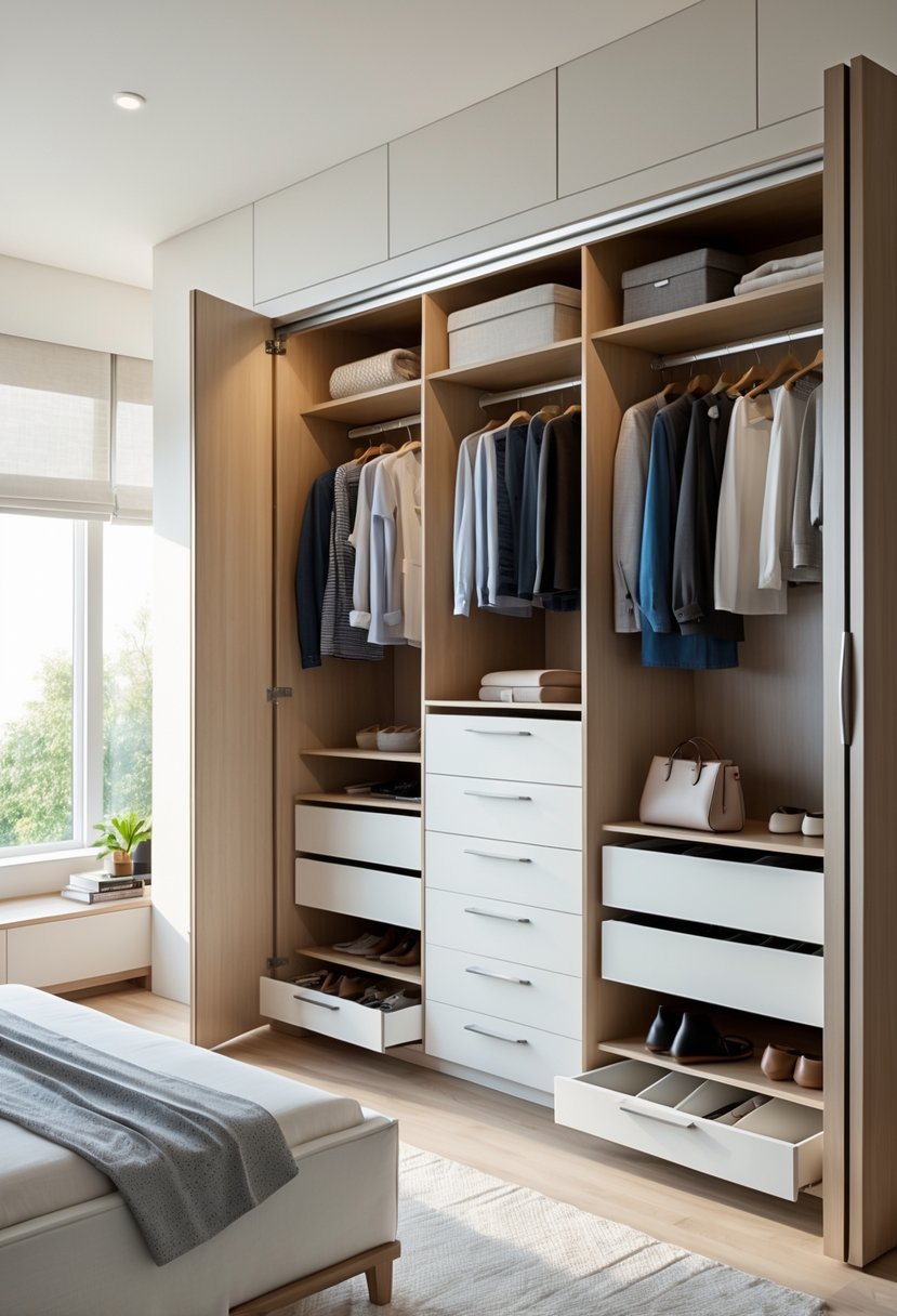 A bedroom with an open built-in closet organizer showing neatly arranged clothes, shoes, and accessories.