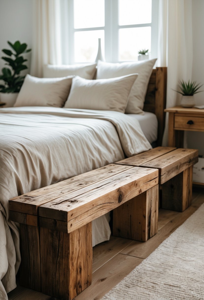 A bedroom with two wooden benches at the foot of the bed and soft natural light coming through a window.
