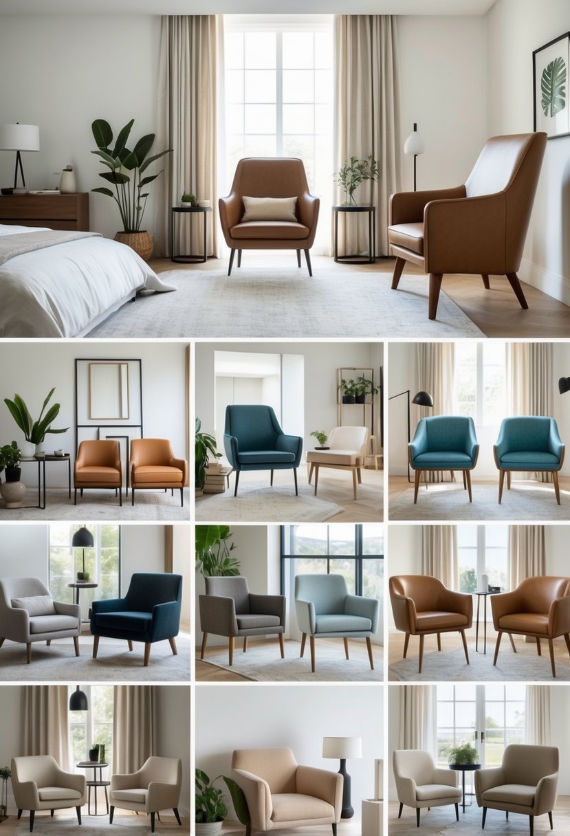 A bedroom with multiple accent chairs arranged around a bed, showing different furniture pieces in a well-lit room.