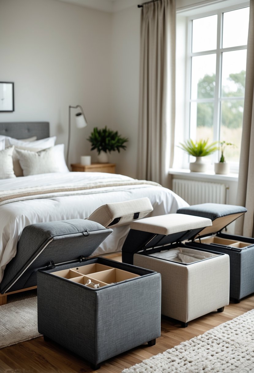 A bedroom with several multifunctional ottomans featuring open compartments showing organized storage, arranged near a bed and window.
