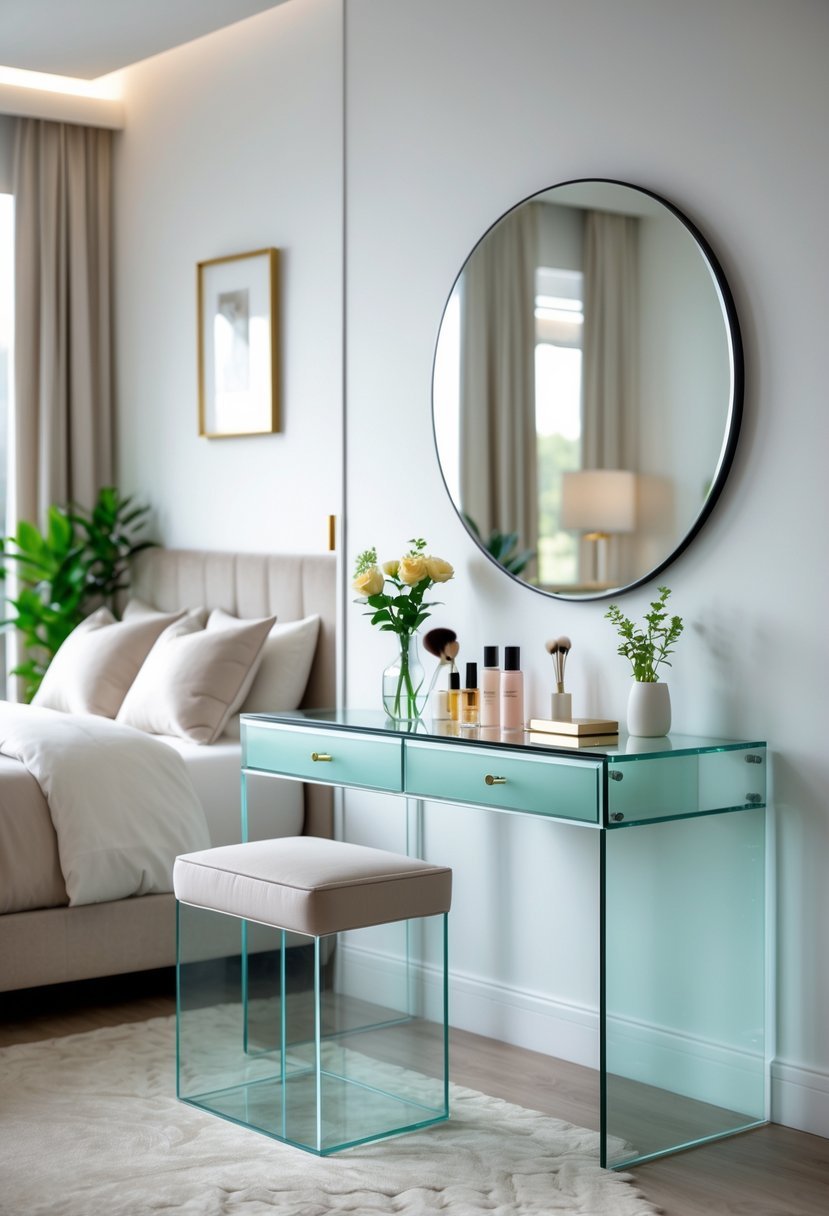 A bedroom scene with a glass top vanity table, a cushioned stool, and decorative items, next to a neatly made bed with natural light.