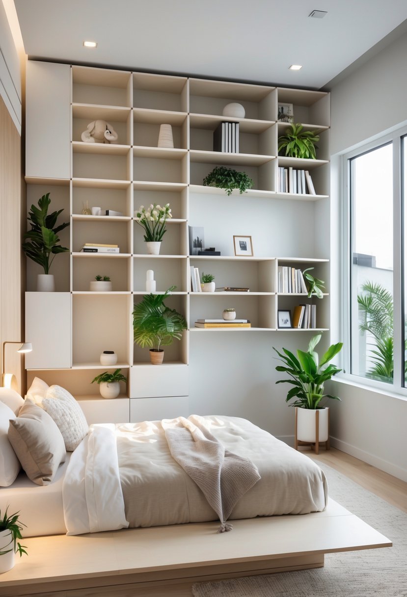 A bedroom with modular shelving units displaying books and plants next to a bed with neutral bedding and natural light coming through windows.