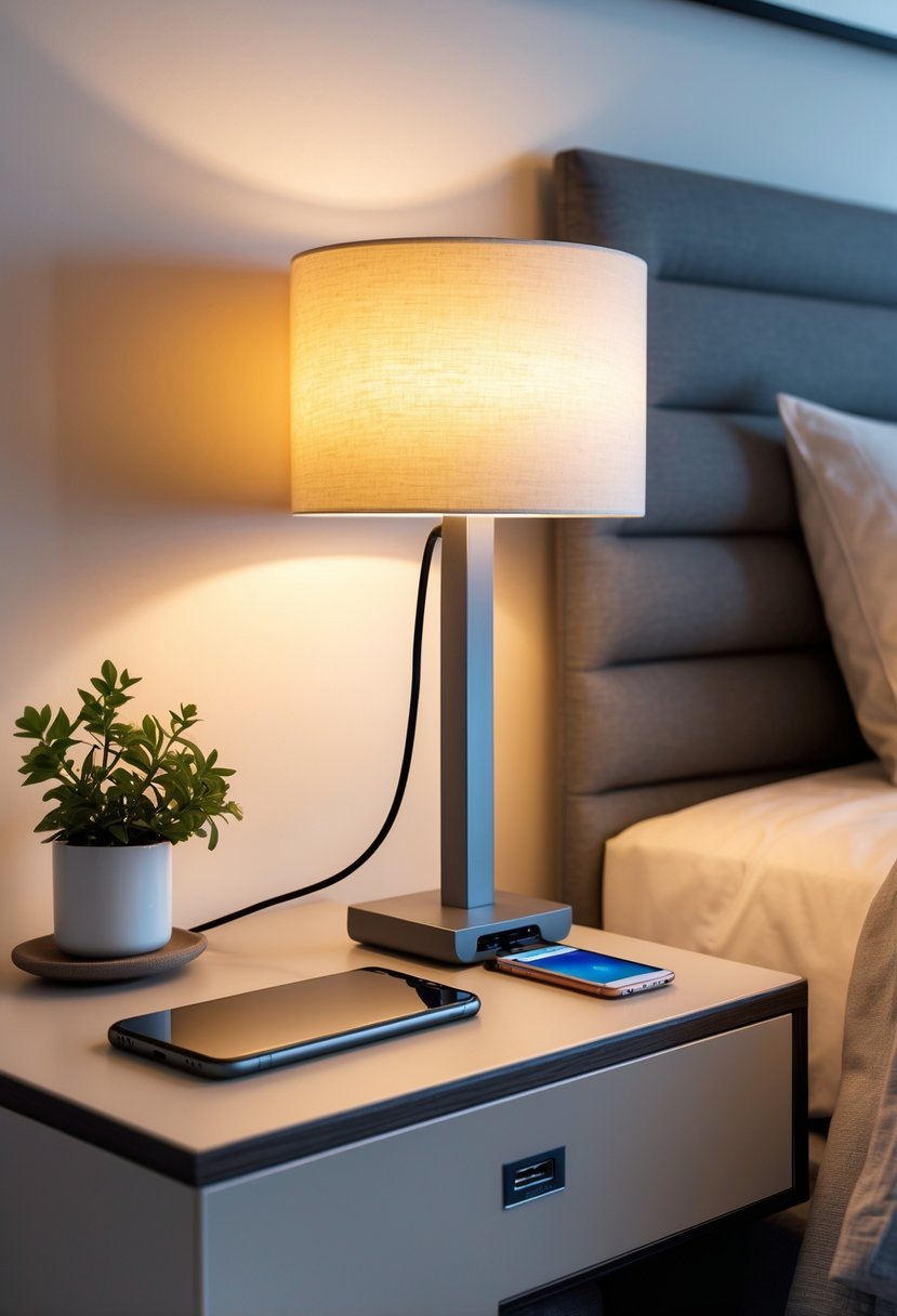 A bedside table with a lamp that has USB outlets, next to a bed in a tidy bedroom.
