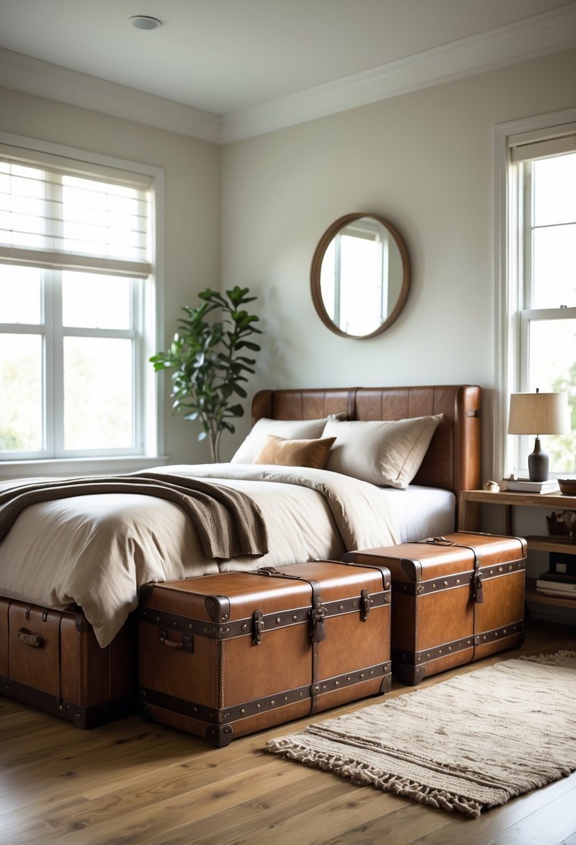 Bedroom with leather storage trunks placed at the foot of the bed and along the side, featuring a neatly made bed and natural light.