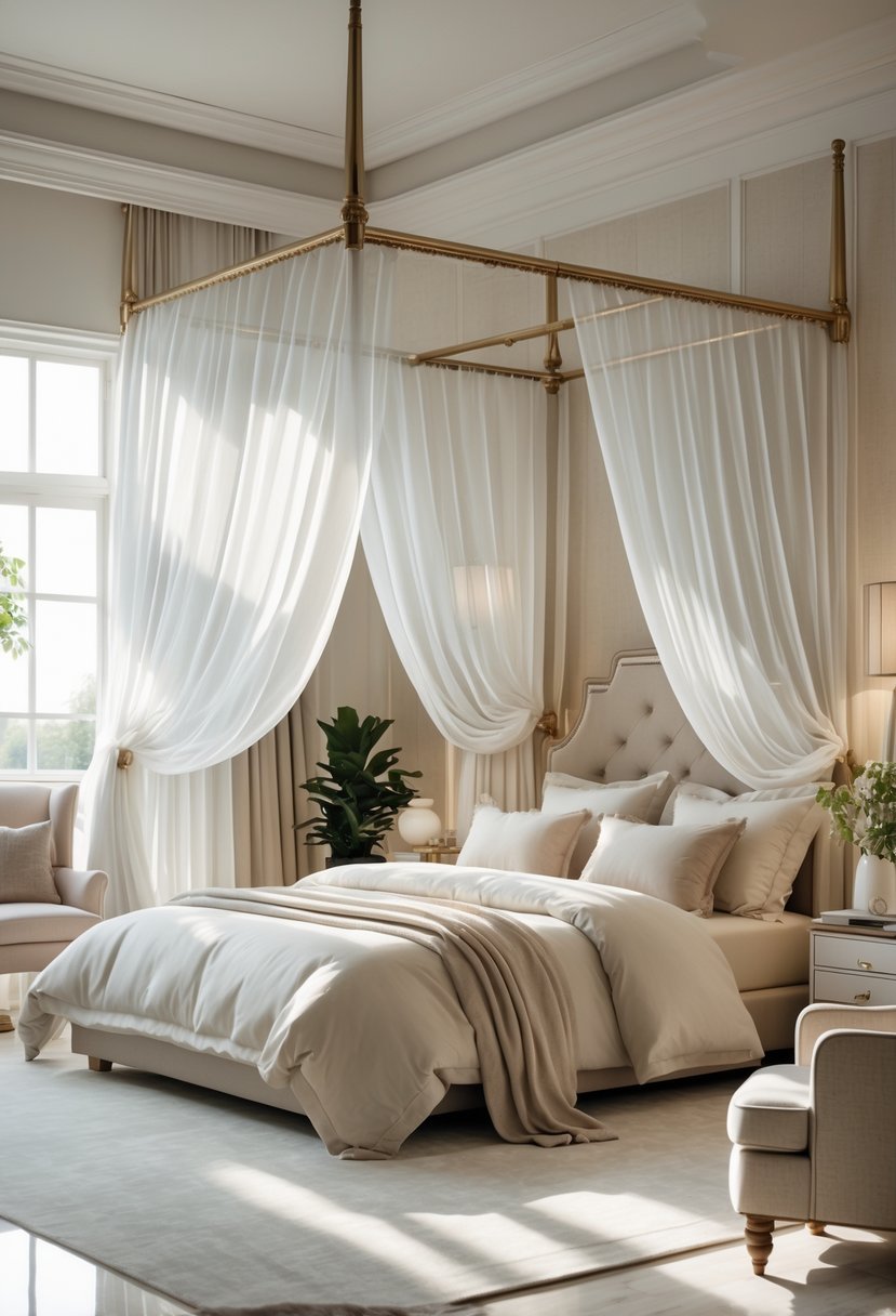 A bedroom with a canopy bed draped in sheer curtains, surrounded by bedside tables, lamps, and plants.