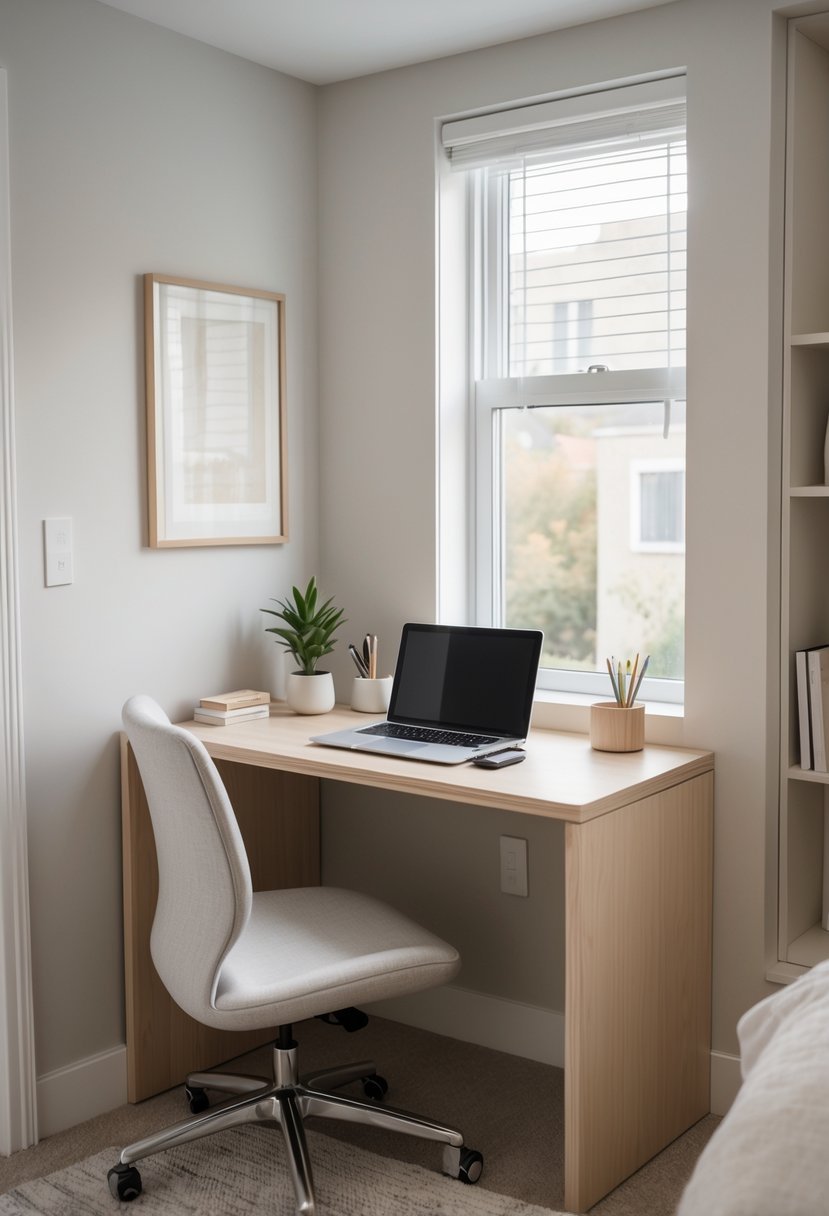 A corner desk setup in a small bedroom with a laptop, chair, and simple decor near a window.