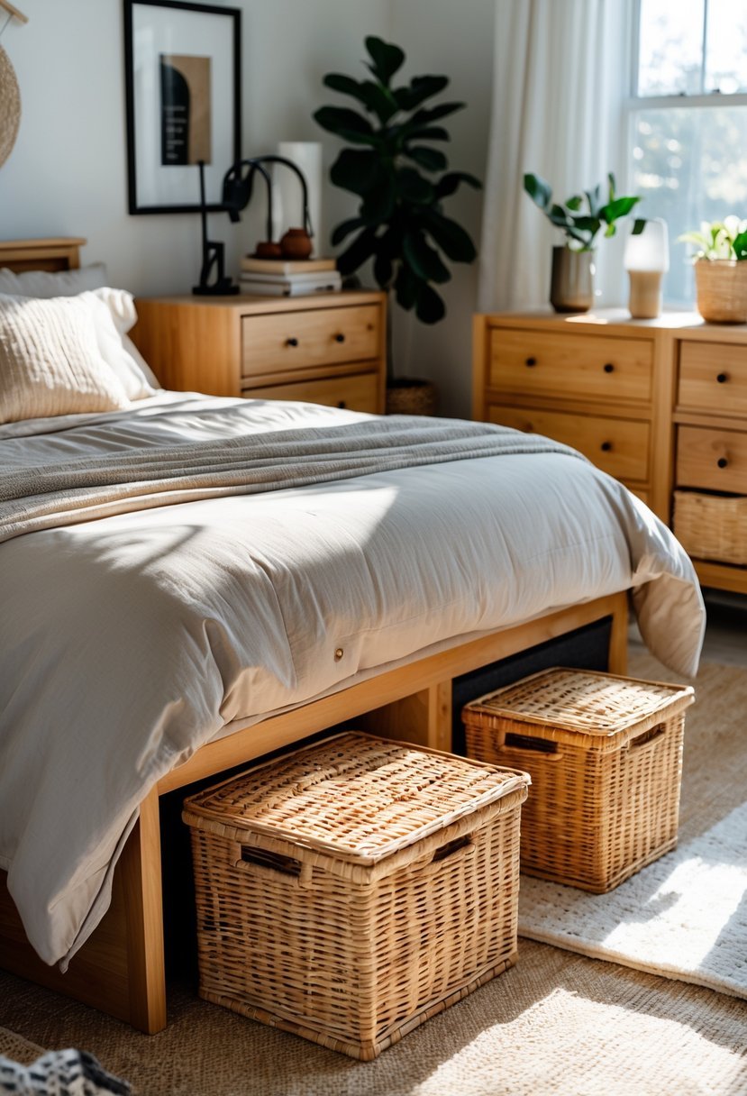 A bedroom with wicker storage baskets placed around the room, including under the bed and on shelves, featuring a made bed and wooden furniture.