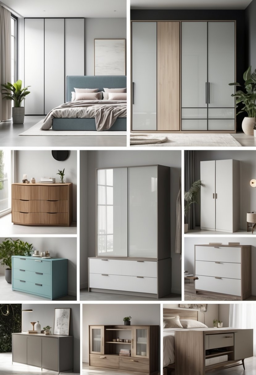 A bedroom interior showing various cabinet designs including wardrobes, dressers, and bedside cabinets arranged around the room.