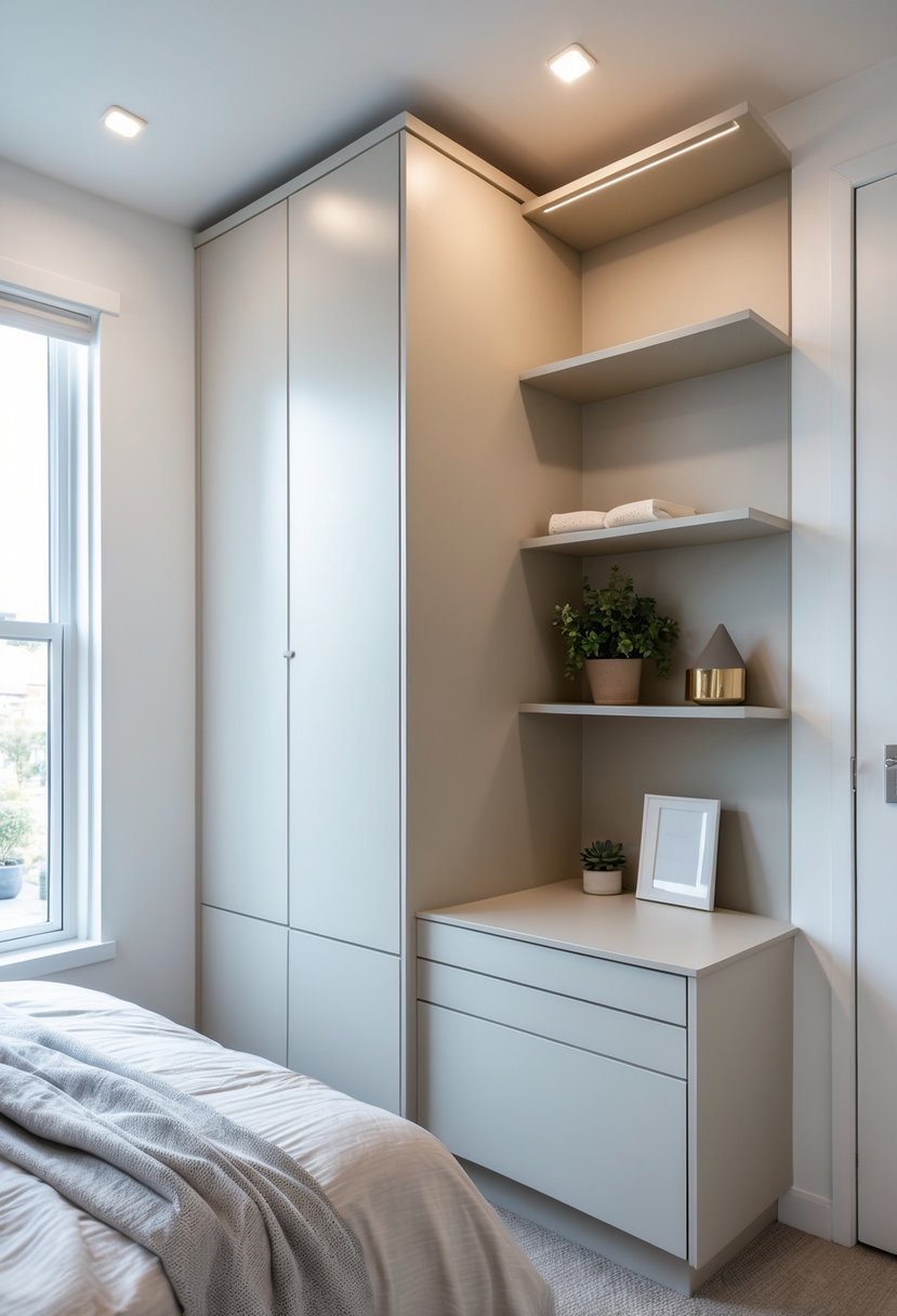 A bedroom corner with built-in cabinets and shelves designed to maximize storage space next to a bed.