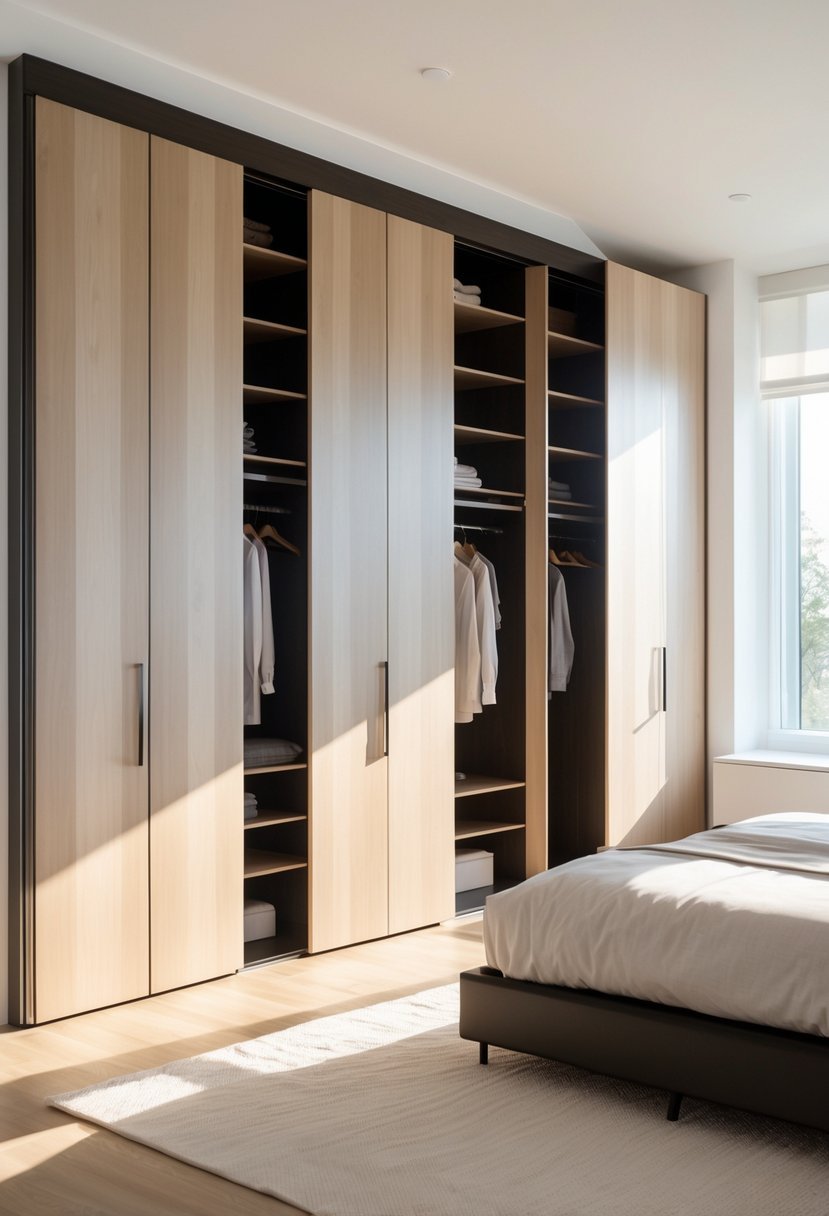 A modern bedroom with built-in wardrobes featuring sliding doors, a neatly organized interior, a bed, and natural light coming through a window.
