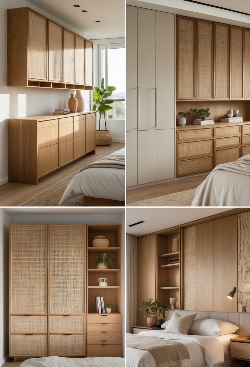 A bedroom interior with multiple cabinets made of contrasting cane and oak materials arranged neatly along the walls.