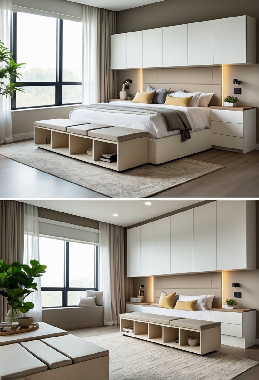 A bedroom with multiple storage benches and cabinets arranged for seating and storage, featuring natural light and neutral colors.