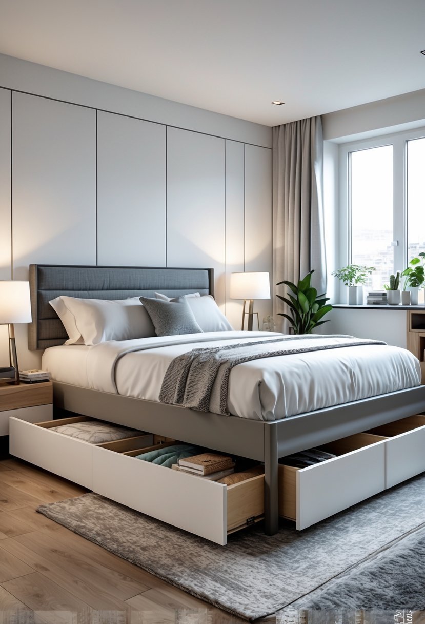 A bedroom with a bed that has open under-bed drawers showing organized storage space.