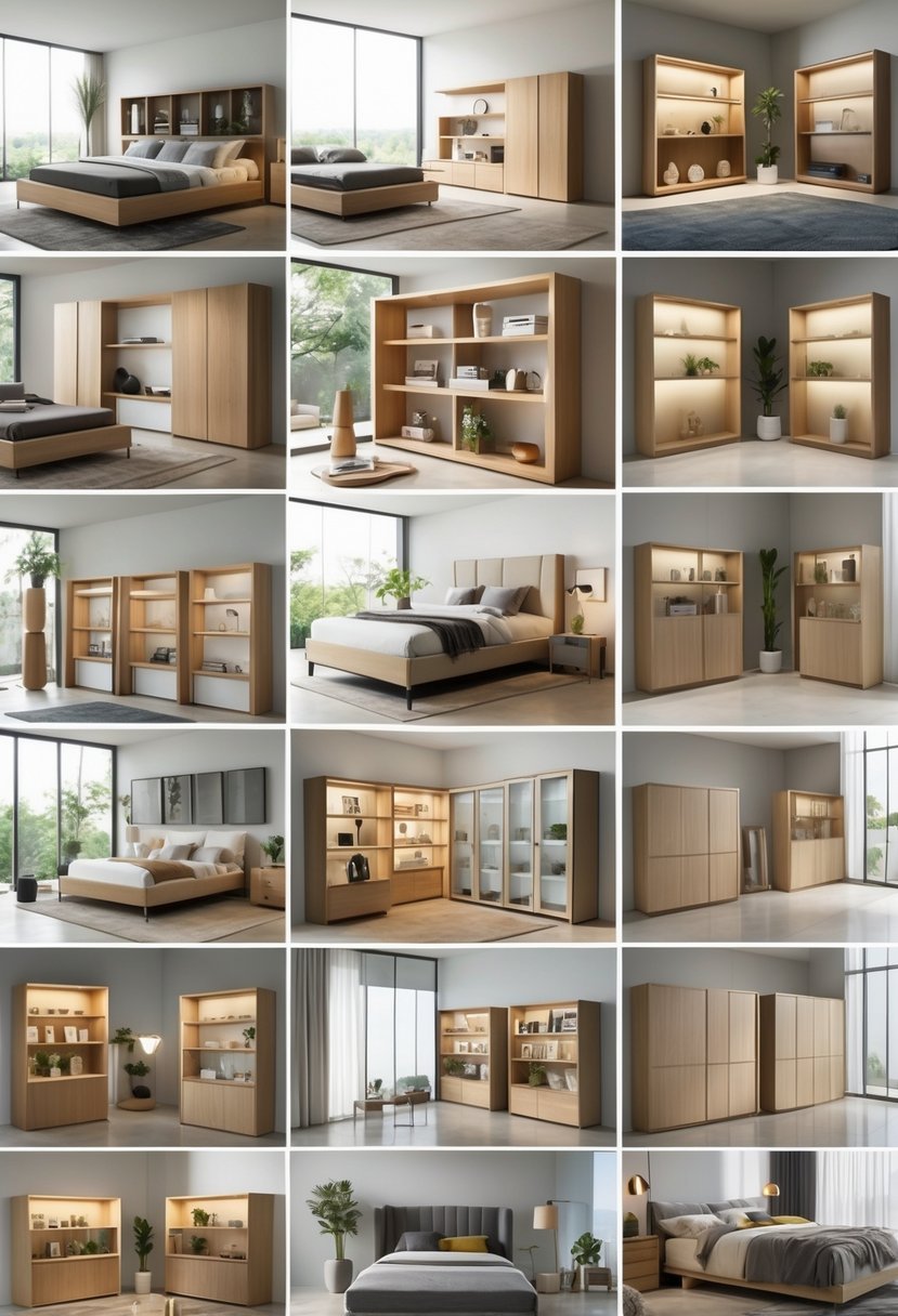 Bedroom interior with multiple open-shelf display cabinets showing various decorative items and storage solutions.