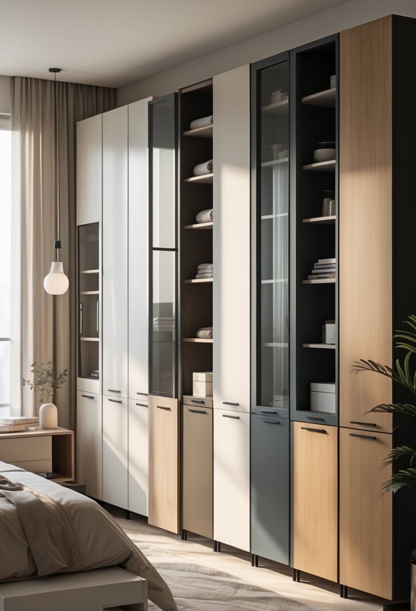 A bedroom with multiple tall vertical storage cabinets arranged along the wall beside a neatly made bed.