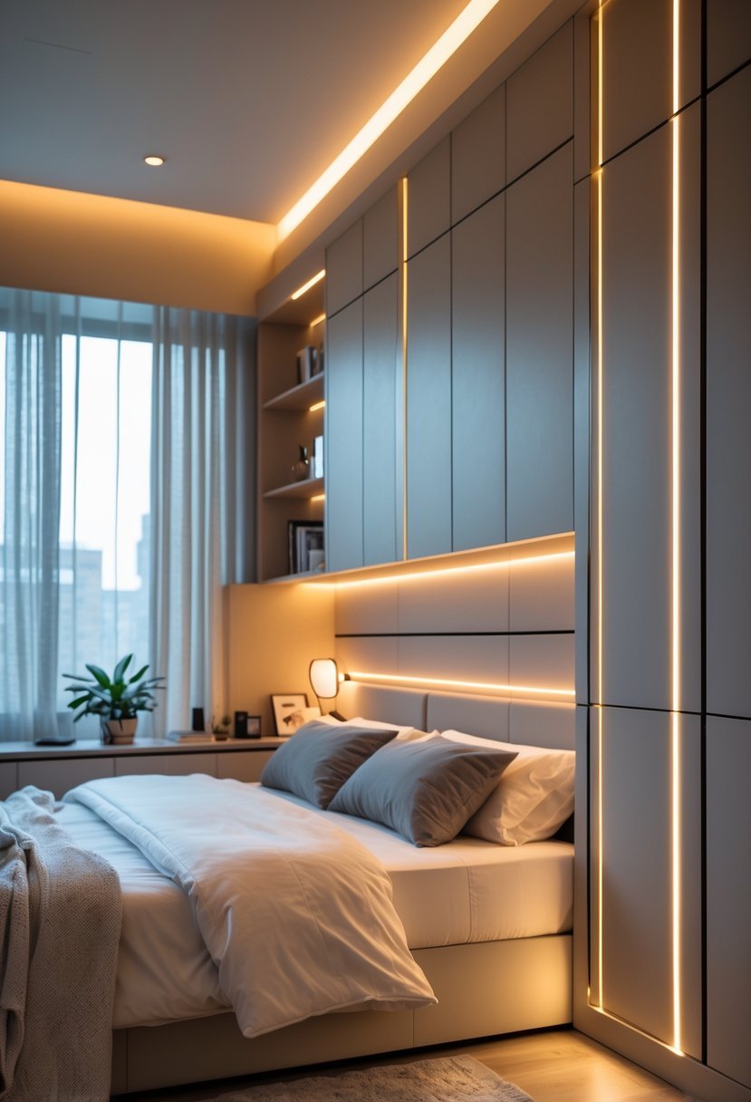 A bedroom with built-in cabinets illuminated by integrated lighting, featuring a neatly arranged bed and soft natural light.
