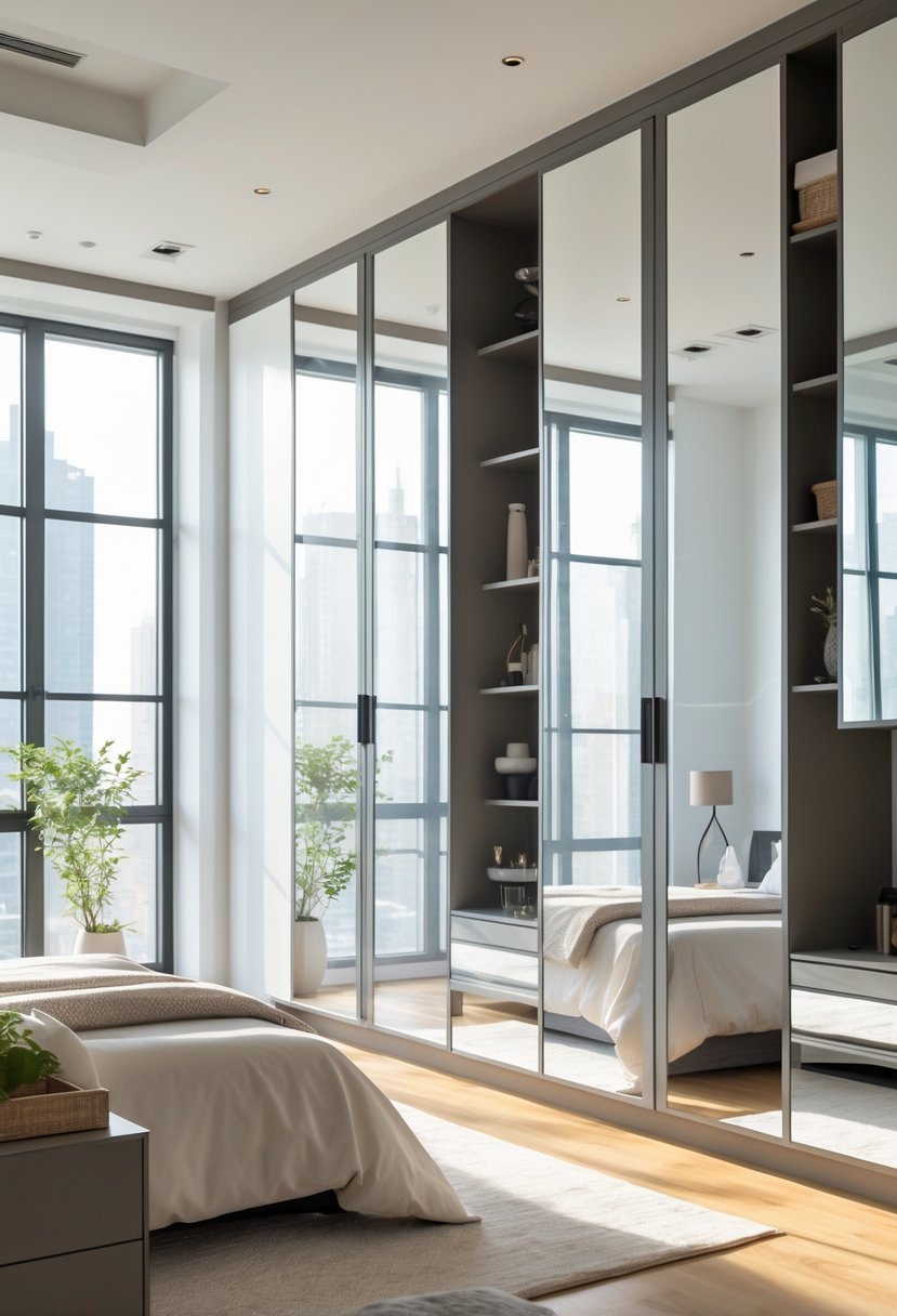 A bedroom with multiple cabinets featuring mirrored doors reflecting the room, arranged along the walls with a bed and natural light coming through windows.