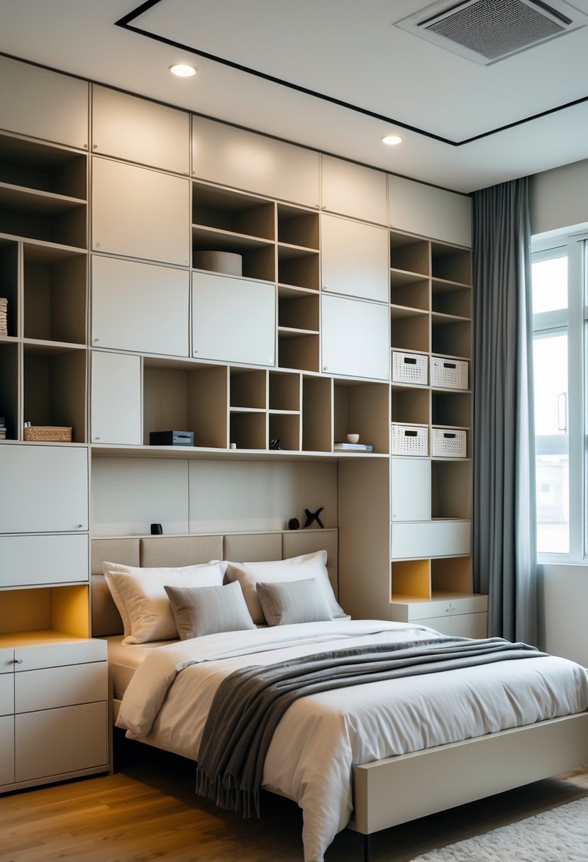 A bedroom with multiple modular cabinets arranged along the walls, a bed, and natural light coming through windows.