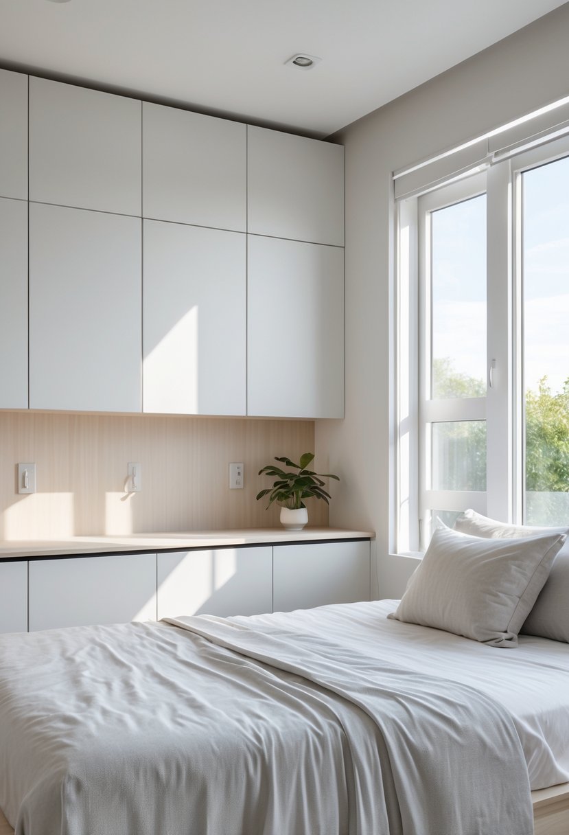 A bedroom with handleless cabinets along one wall, a bed, and natural light coming through large windows.