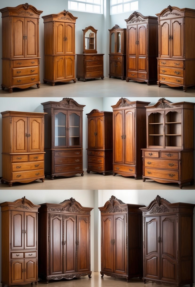 A collection of wooden bedroom cabinets displayed in a bright showroom.