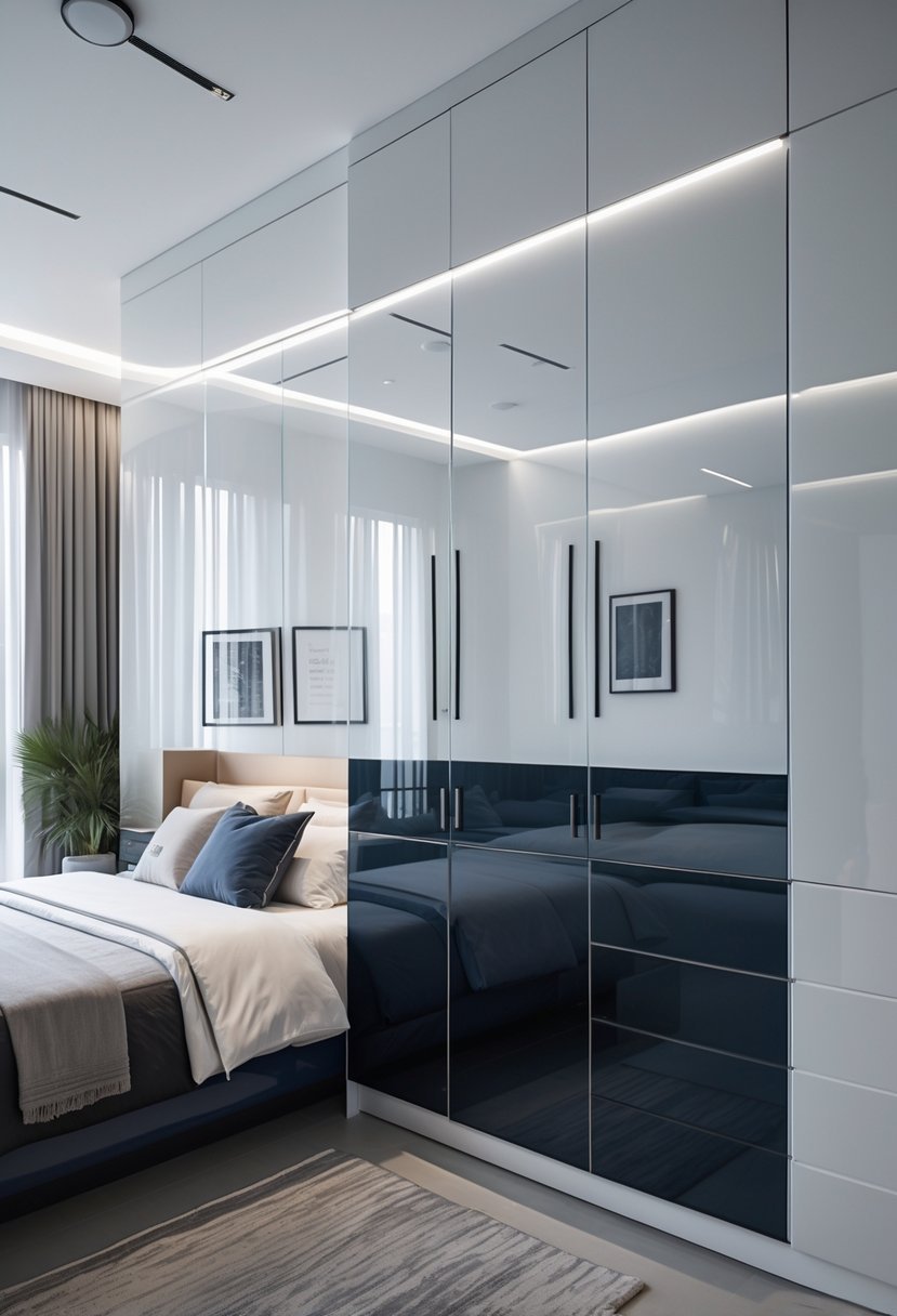 A modern bedroom with glossy cabinets, a neatly made bed, and decorative plants.