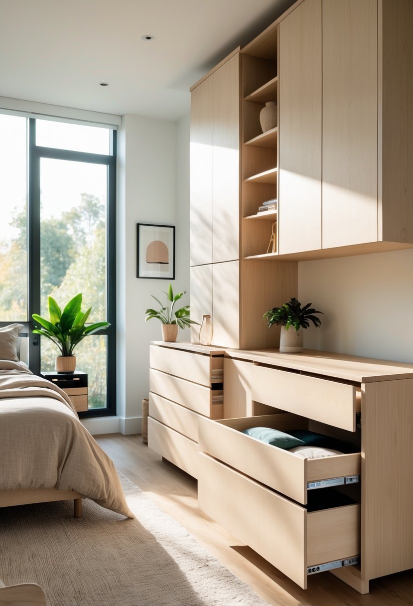 A bedroom with light wood cabinets featuring soft-close drawers, a bed, and natural sunlight coming through a window.