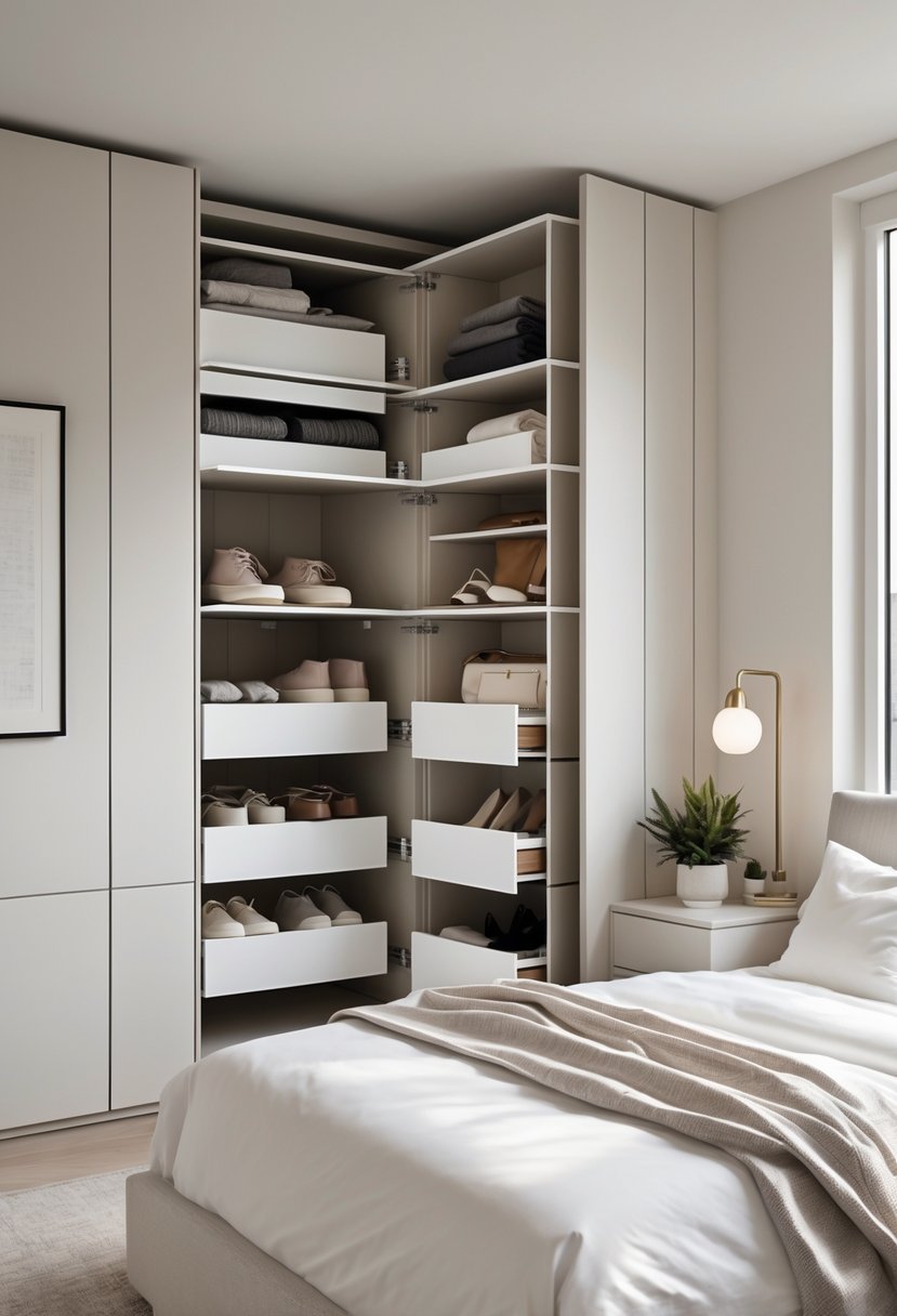 A bedroom with fold-out cabinets open, showing organized storage inside, next to a bed with white bedding.