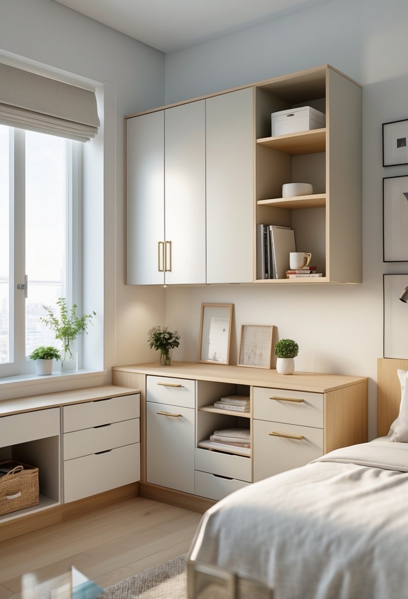 A small bedroom with various space-saving cabinets and storage solutions integrated into the room.