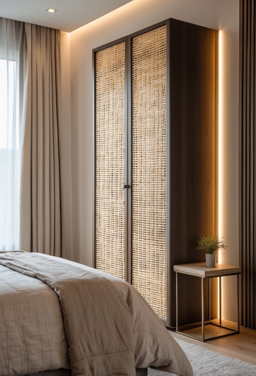 A bedroom scene with a cabinet featuring woven mesh or rattan panels next to a bed and bedside table.