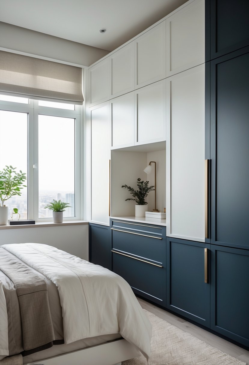 A bedroom with two-tone painted cabinets, a bed, and natural light coming through windows.