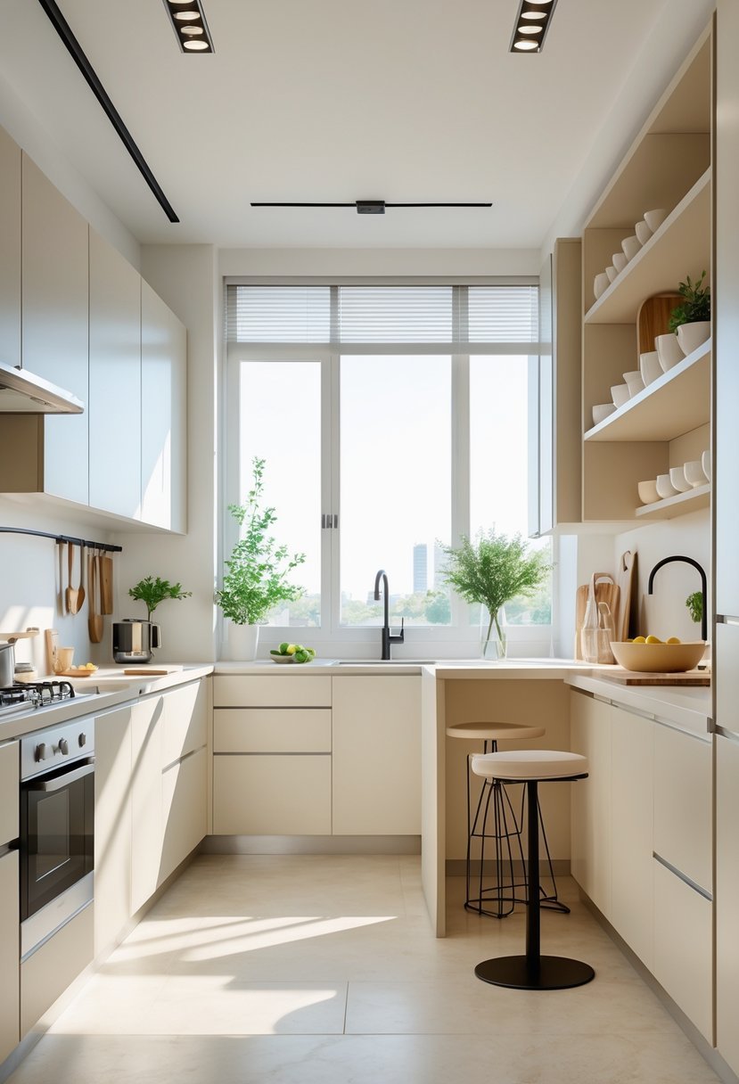 A small, modern kitchen with clean cabinets, a compact island with stools, and natural light coming through large windows.