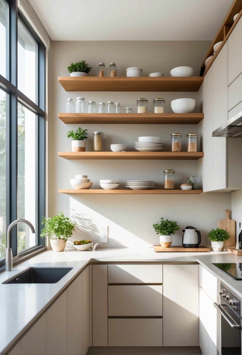 A small kitchen with open wall shelves holding kitchenware and plants, featuring clean countertops and natural light.