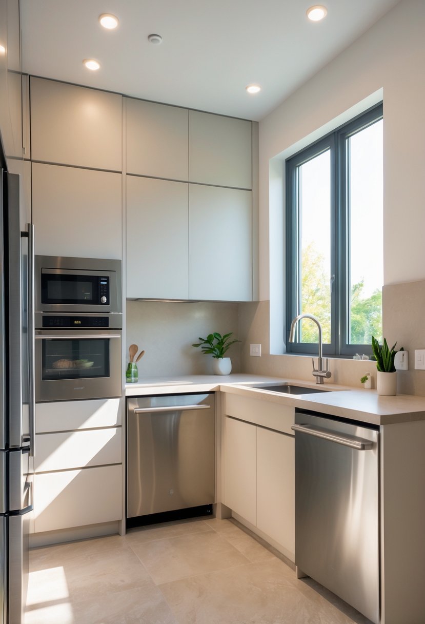 A small modern kitchen with built-in appliances and clean countertops illuminated by natural light.