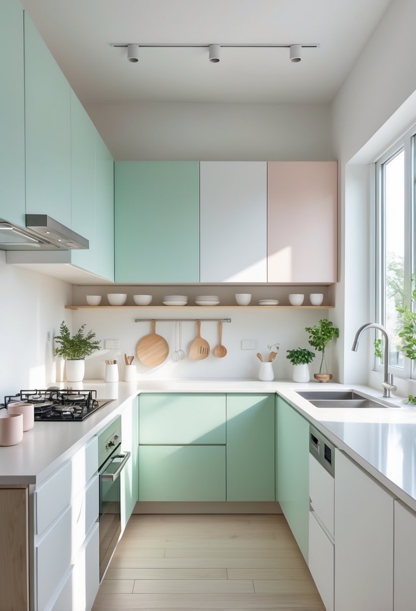 A small bright kitchen with white and pastel cabinets, modern appliances, and natural light coming through a window.