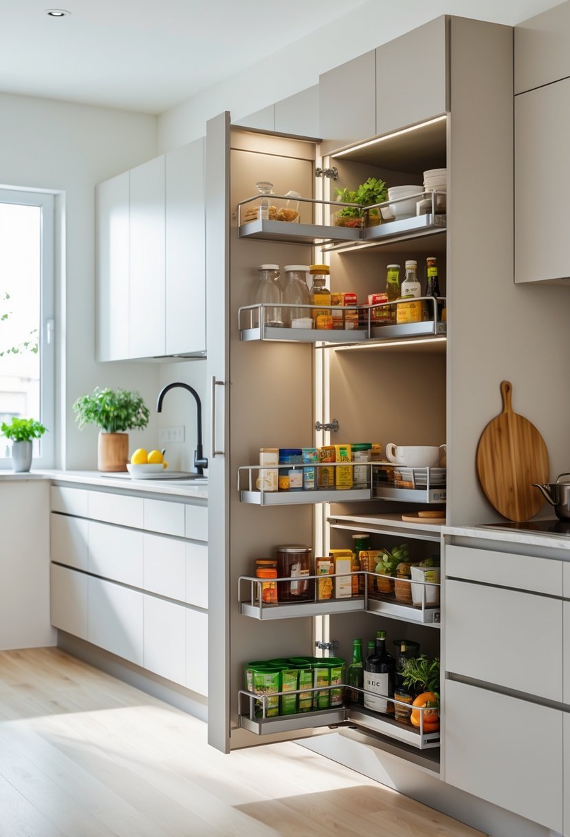 A small kitchen with pull-out pantry units open, showing organized shelves filled with food items and kitchen supplies.