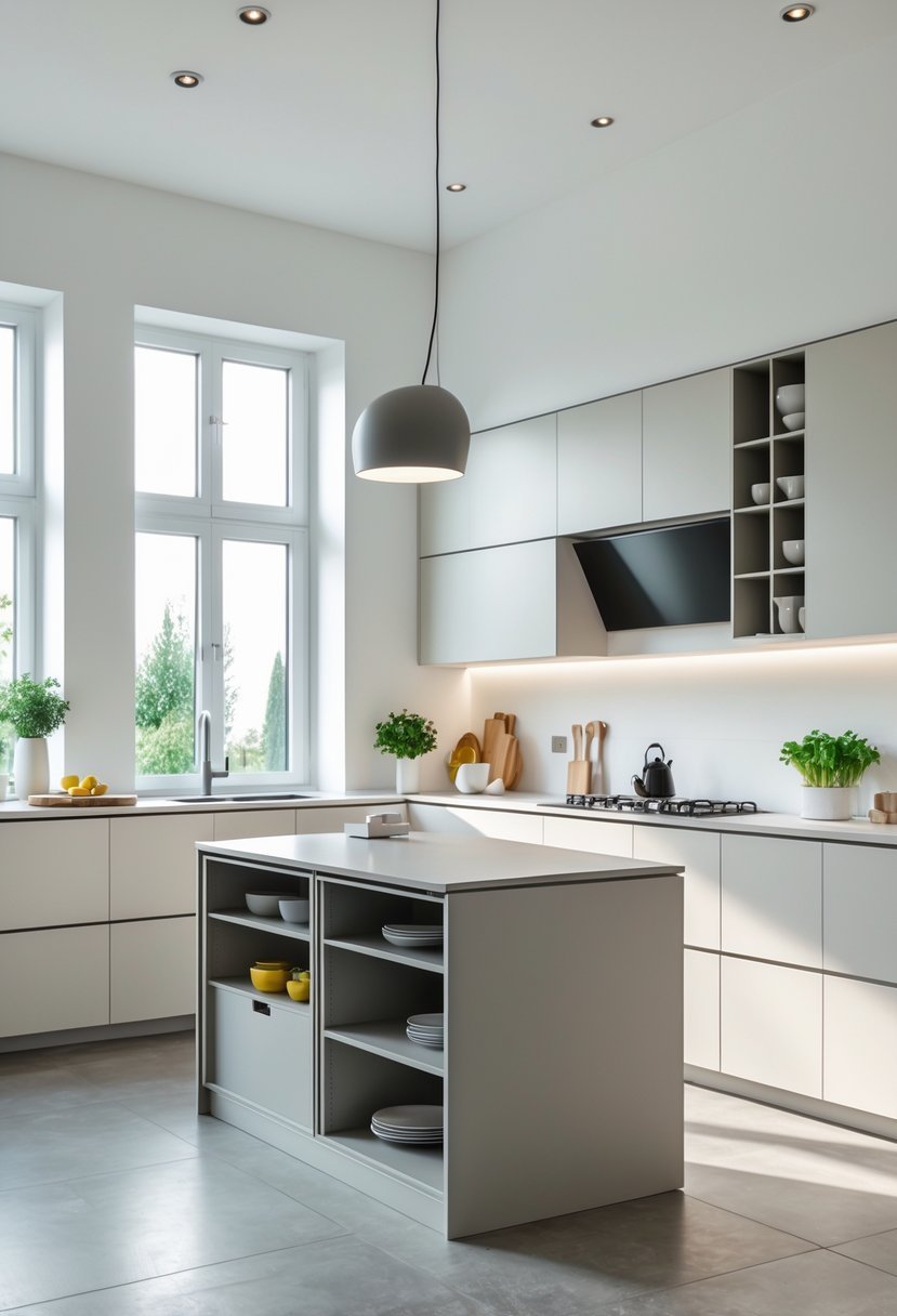 A small modern kitchen with a slim kitchen island featuring storage shelves and drawers, surrounded by cabinets and appliances.