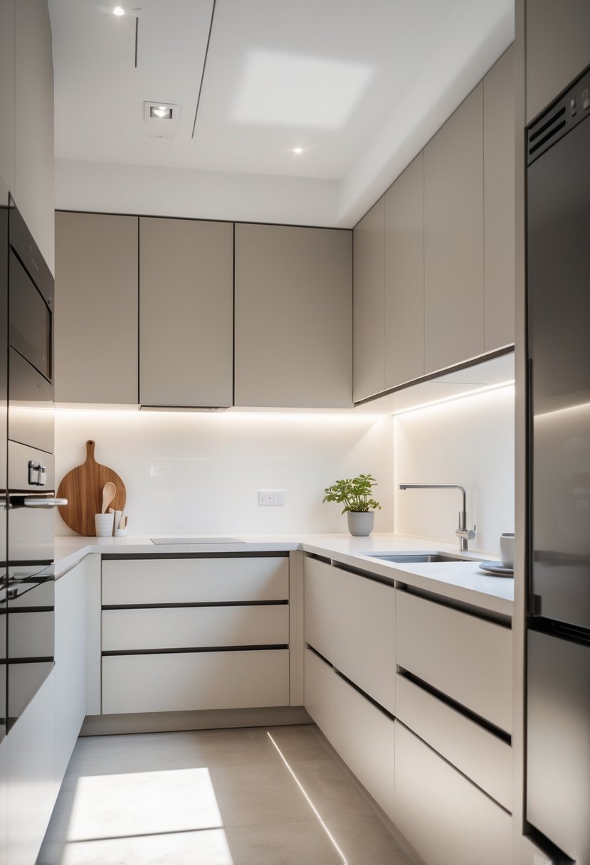 A small modern kitchen with smooth cabinets and drawers without visible handles, bright lighting, and clean countertops.